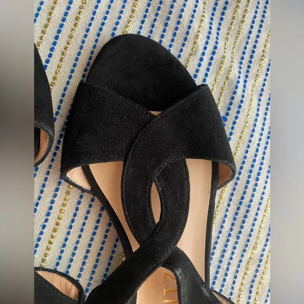 Stuart Weitzman Shalena Black Suede Strappy Sandal Buckle Sz  4 NEW